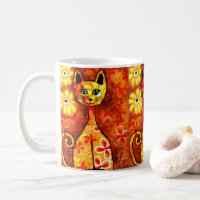Retro Whimsical Cat Kitty Floral Orange Yellow Red