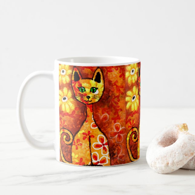 Retro Whimsical Cat Kitty Floral Orange Yellow Red Coffee Mug (With Donut)