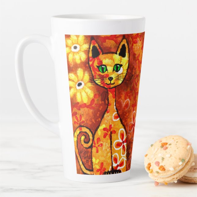 Retro Whimsical Cat Kitty Floral Orange Yellow Red Latte Mug (In Situ)