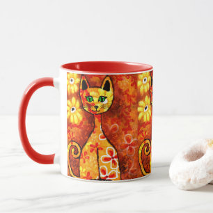 Retro Whimsical Cat Kitty Floral Orange Yellow Red Mug