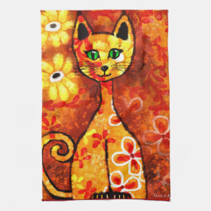 Retro Whimsical Cat Kitty Floral Orange Yellow Red Tea Towel
