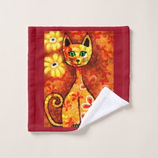 Retro Whimsical Cat Kitty Floral Orange Yellow Red Wash Cloth