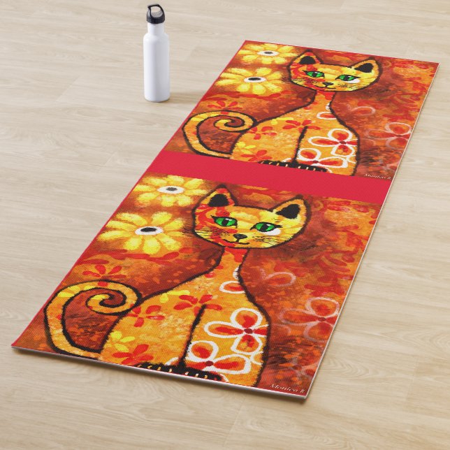 Retro Whimsical Cat Kitty Floral Orange Yellow Red Yoga Mat (In Situ)