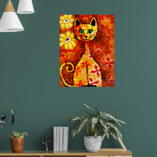 Retro Whimsical Cat Kitty Floral Yellow Red Orange Poster