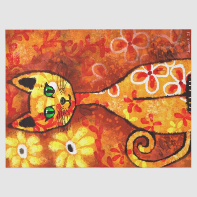 Retro Whimsical Cat Kitty Floral Yellow Red Orange Tissue Paper (Front)
