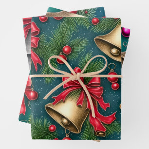 Retro Whimsical Christmas Bells Wrapping Paper Sheet