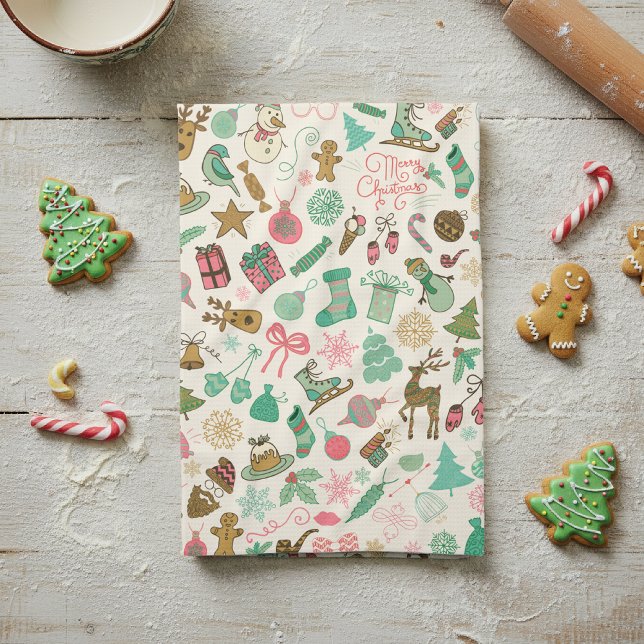Retro Whimsical Doodles Christmas Tea Towel (Creator Uploaded)