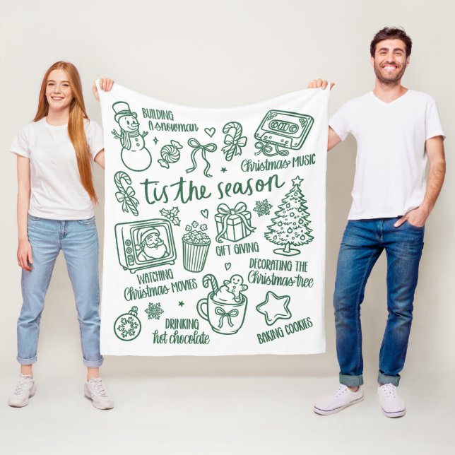 Retro Whimsical Festive Green Christmas Doodles Fleece Blanket (In Situ)