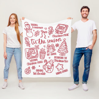 Retro Whimsical Festive Red Christmas Doodles Fleece Blanket