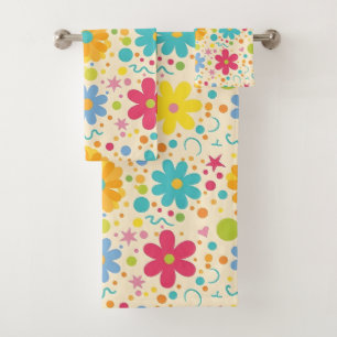 Retro Whimsical Flower Power 70s Floral Art Bath Towel Set