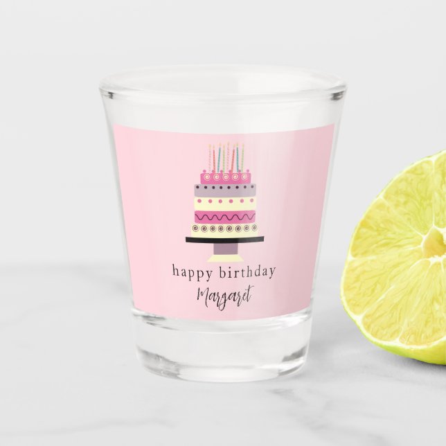 Retro Whimsical Girly Pink Pastel Birthday Cake Shot Glass (Front)