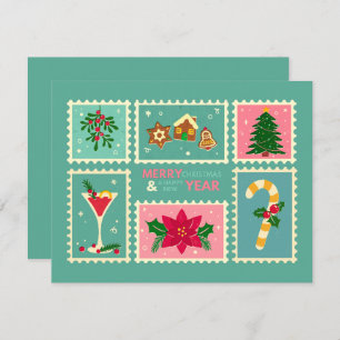 Retro Whimsical Green and Pink Holiday Card