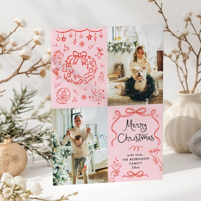 Retro Whimsical Hand Drawn Merry Christmas 2 Photo Holiday Card (Creator Uploaded)