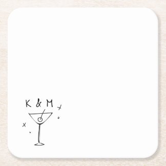 Retro Whimsical Martini Hand Drawn Custom Initials Square Paper Coaster