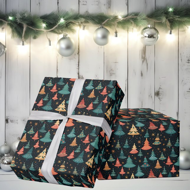 Retro Whimsical Modern Christmas Trees Wrapping Paper (Creator Uploaded)