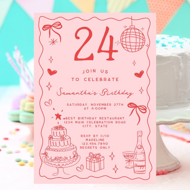 Retro Whimsical Quirky Red Pink 24th Birthday Invitation (Creator Uploaded)