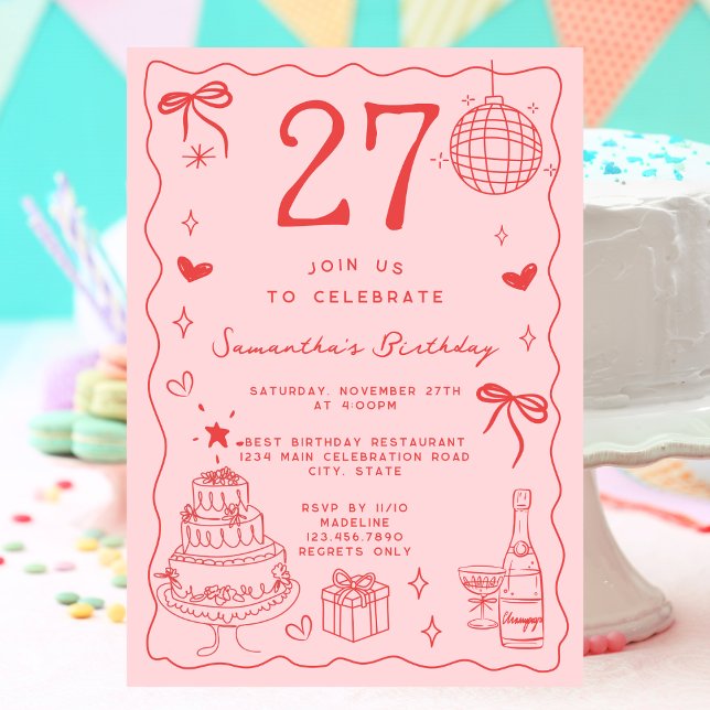 Retro Whimsical Quirky Red Pink 27th Birthday Invitation (Creator Uploaded)