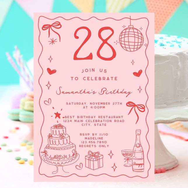 Retro Whimsical Quirky Red Pink 28th Birthday Invitation (Creator Uploaded)