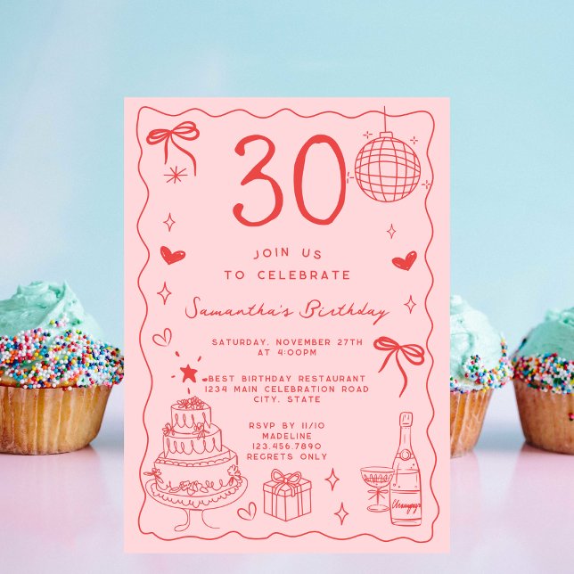 Retro Whimsical Quirky Red Pink 30th Birthday Invitation (Creator Uploaded)