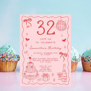 Retro Whimsical Quirky Red Pink 32nd Birthday Invitation