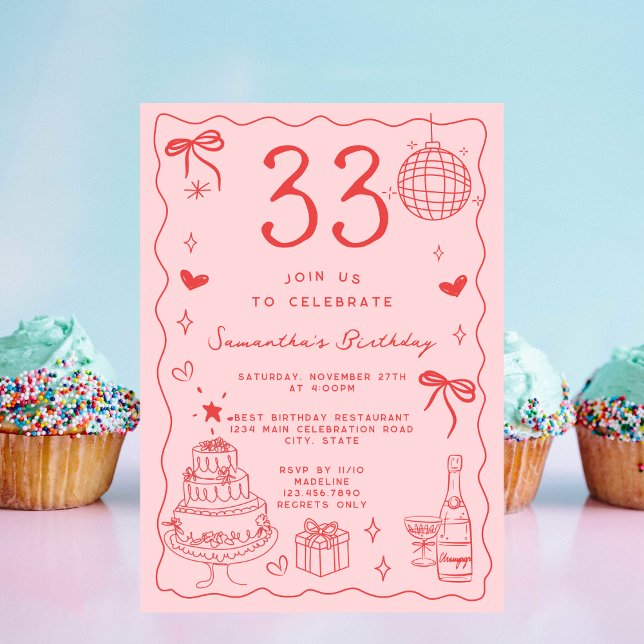 Retro Whimsical Quirky Red Pink 33rd Birthday Invitation (Creator Uploaded)