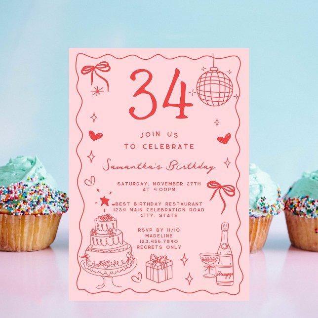 Retro Whimsical Quirky Red Pink 34th Birthday Invitation (Creator Uploaded)