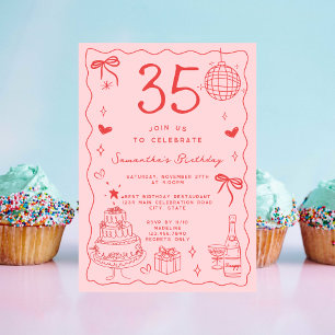 Retro Whimsical Quirky Red Pink 35th Birthday Invitation