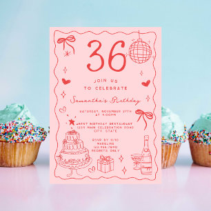 Retro Whimsical Quirky Red Pink 36th Birthday Invitation