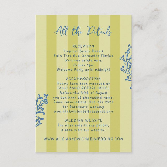 Retro whimsical striped beach wedding details  enclosure card (Front)