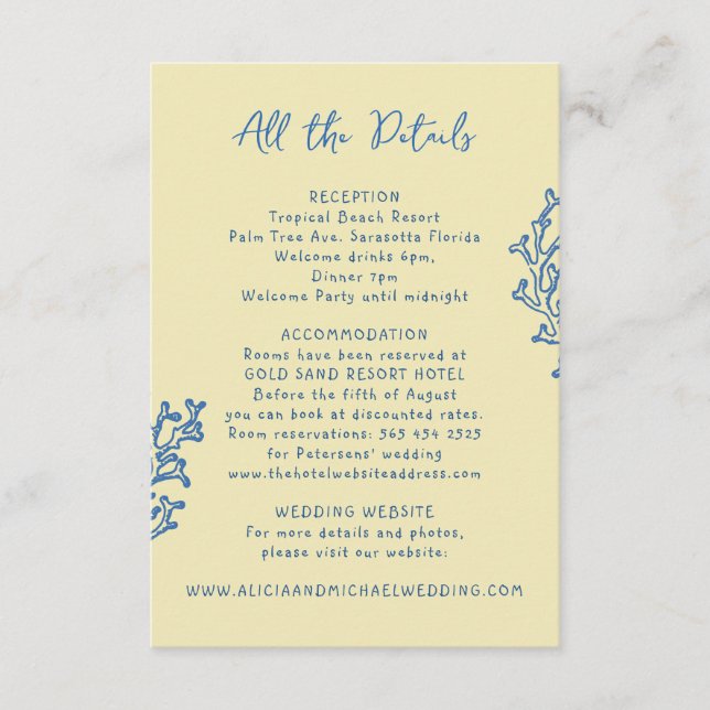 Retro whimsical summer beach wedding details  enclosure card (Front)