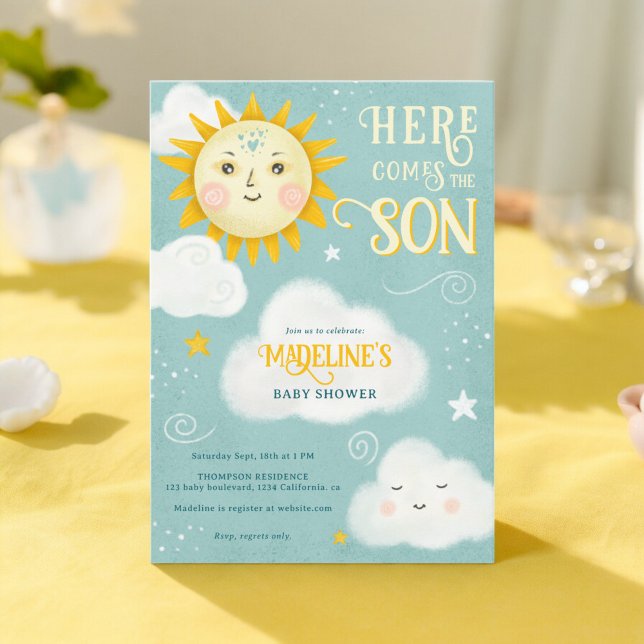 Retro whimsical Sun here comes the son baby shower Invitation (Retro whimsical Sun here comes the son baby shower Invitation)