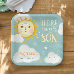 Retro whimsical Sun here comes the son baby shower Paper Plate