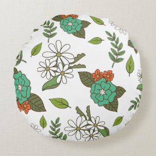 Retro White and Green Floral Round Cushion