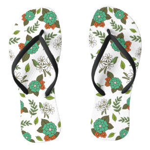 Retro White and Green Floral Thongs