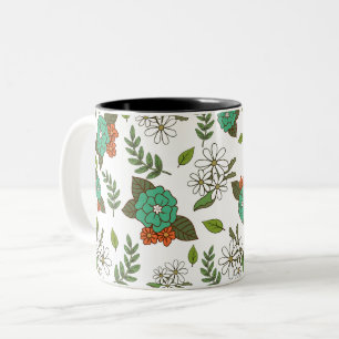 Retro White and Green Floral Two-Tone Coffee Mug