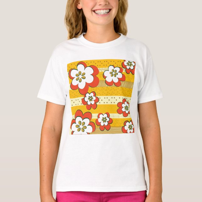 Retro White And Orange Flowers T-Shirt (Front)