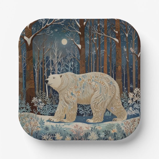 Retro white bear boho winter woodland forest paper plate (Front)