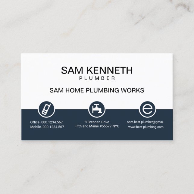 Retro White Blue Column Plumbing Icon Button Business Card (Front)