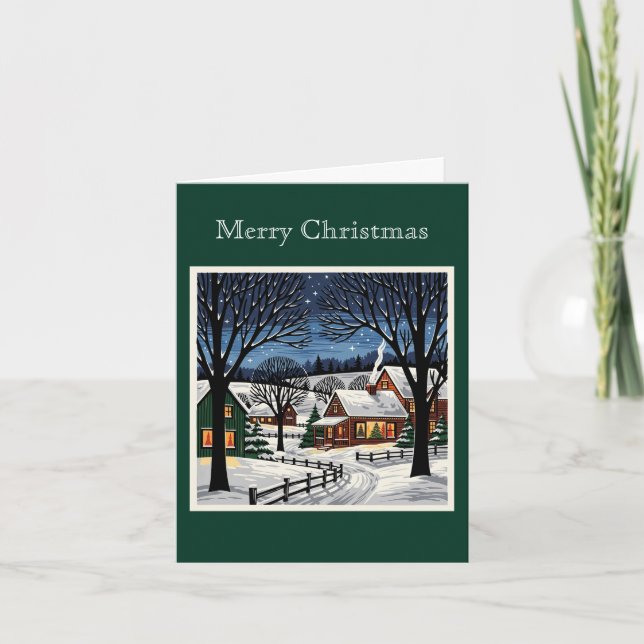 Retro White Christmas Countryside Folk art Custom Holiday Card (Front)