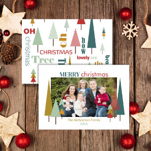 Retro White Colourful Oh Christmas Tree Photocard Invitation