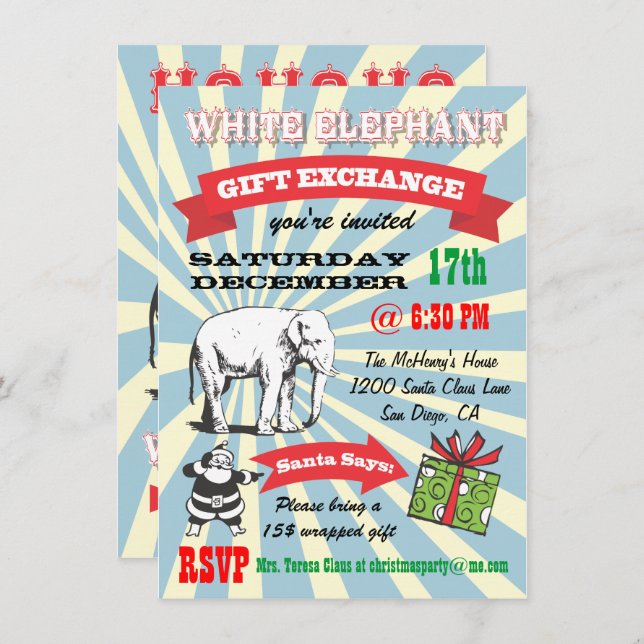 Retro White Elephant Christmas Party Invitations (Front/Back)