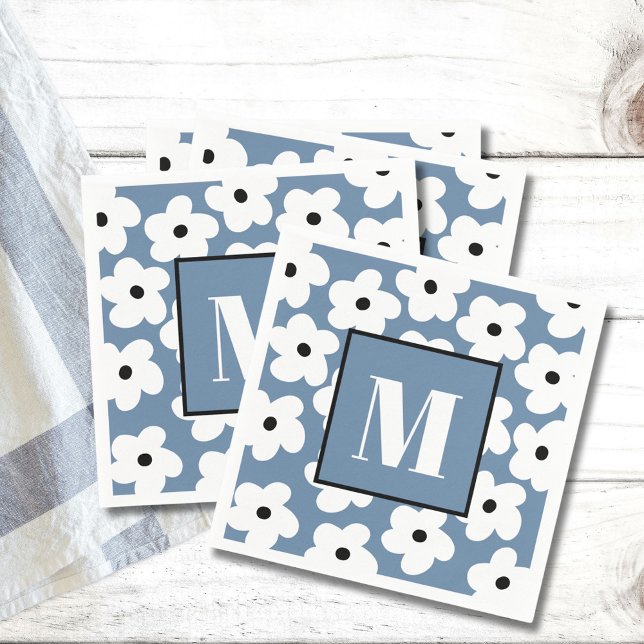 Retro White Flowers Custom Monogram Initial  Napkin (Creator Uploaded)