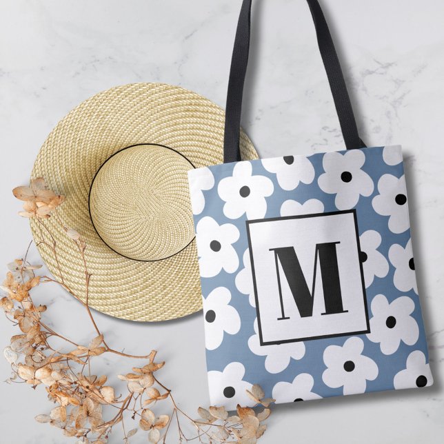 Retro White Flowers Custom Monogram  Tote Bag (Creator Uploaded)