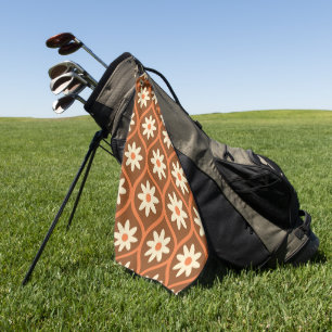 Retro White Flowers on Brown Mid Century Ogee Golf Towel