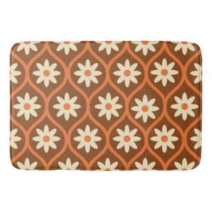 Retro White Flowers on Brown Vintage Ogee Bath Mat