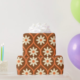 Retro White Flowers on Brown Vintage Ogee  Wrapping Paper