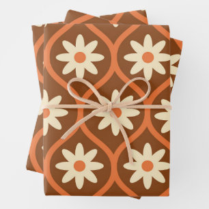 Retro White Flowers on Brown Vintage Ogee Wrapping Paper Sheet