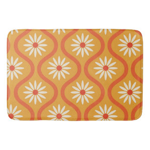 Retro White Flowers on Mid Century Orange Ogee  Bath Mat
