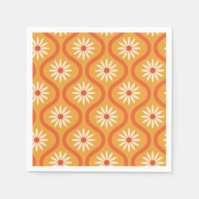 Retro White Flowers on Mid Century Orange Ogee  Napkin (Front)