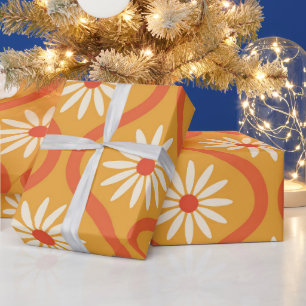 Retro White Flowers on Mid Century Orange Ogee  Wrapping Paper